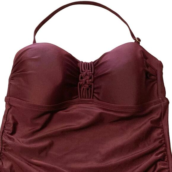 Merona Bandeau Burgundy Wine Swimsuit Medium Women Strap or Strapless Shirred - Picture 2 of 12